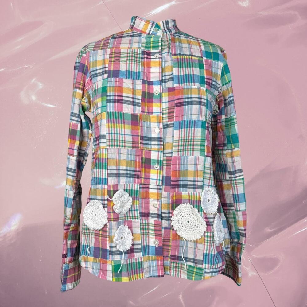 Y2K whimsy Phos Phoro plaid shirt with crochet flowers cottage core size S